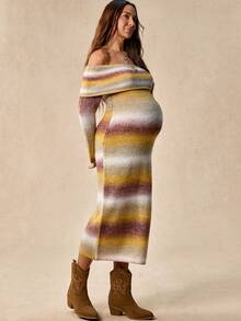 Boho Mama Maternity Gradient Color Off-Shoulder Long Sleeve Fitted Fashion Knit Dress - Multicolor - View 7
