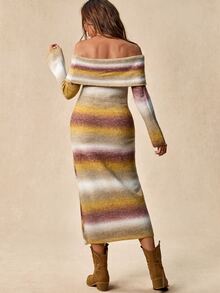 Boho Mama Maternity Gradient Color Off-Shoulder Long Sleeve Fitted Fashion Knit Dress - Multicolor - View 5