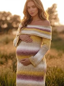 Boho Mama Maternity Gradient Color Off-Shoulder Long Sleeve Fitted Fashion Knit Dress - Multicolor - View 1