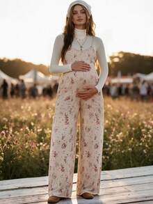 Boho Mama Maternity Floral Print Pocket Suspender Jumpsuit - Multicolor - View 2