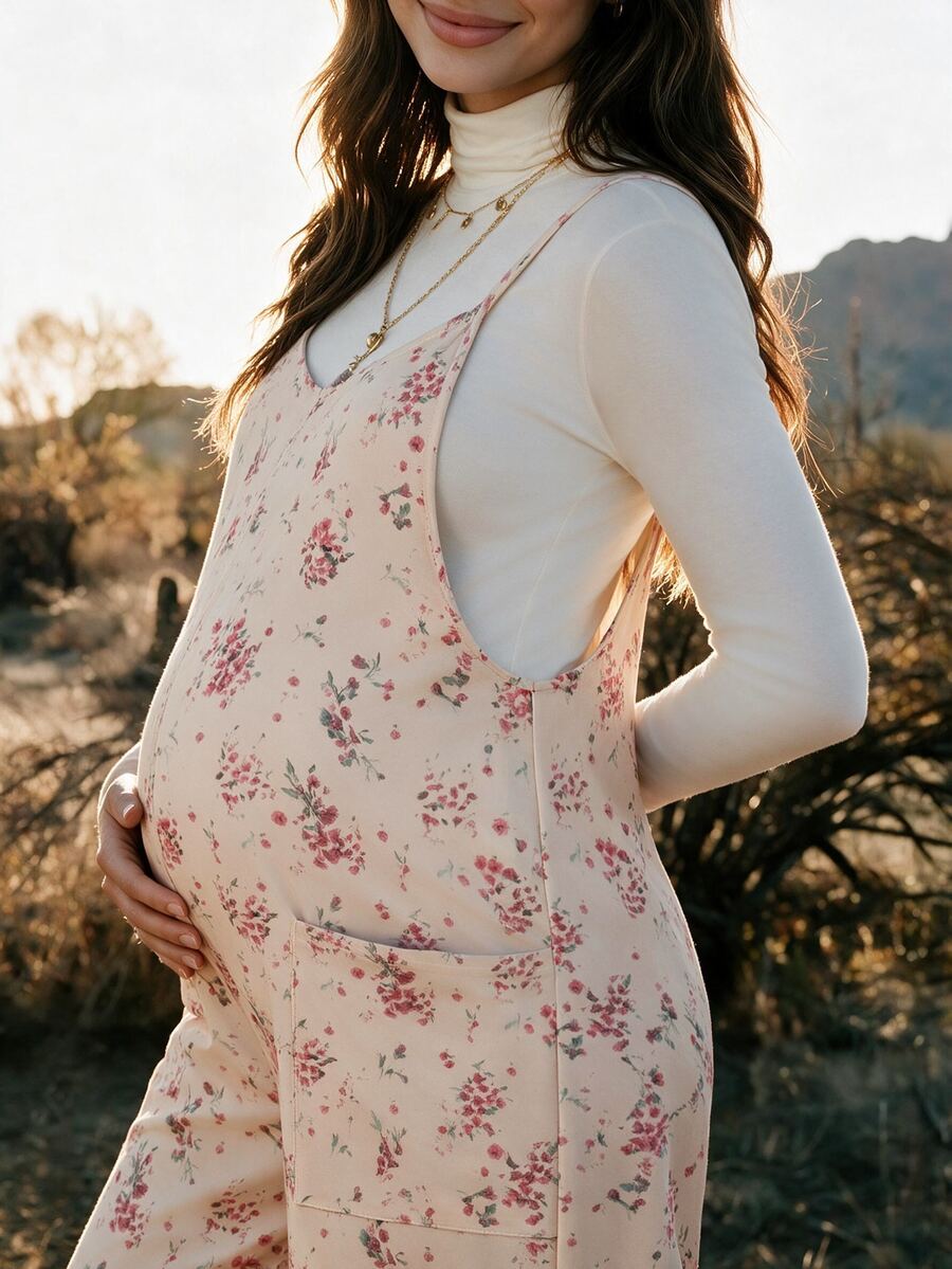 Boho Mama Maternity Floral Print Pocket Suspender Jumpsuit - Multicolor - View 1