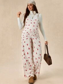 SHEIN 孕婦全印花休閒日常穿著細肩帶連身褲 - 杏色 - 查看 5