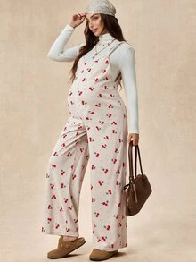 SHEIN 孕婦全印花休閒日常穿著細肩帶連身褲 - 杏色 - 查看 2