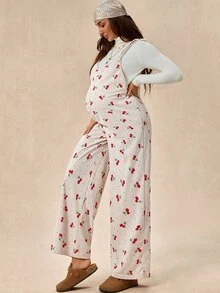 SHEIN 孕婦全印花休閒日常穿著細肩帶連身褲 - 杏色 - 查看 8