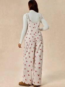 SHEIN 孕婦全印花休閒日常穿著細肩帶連身褲 - 杏色 - 查看 4