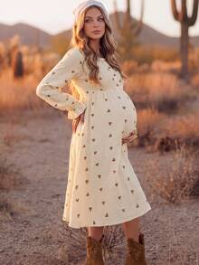 Boho Mama Maternity Textured Heart Print Button Half-Placket Dress - Apricot - View 3