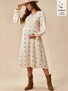 Boho Mama Maternity Textured Heart Print Button Half-Placket Dress - Apricot - View 4