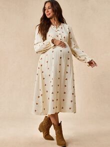 Boho Mama Maternity Textured Heart Print Button Half-Placket Dress - Apricot - View 6