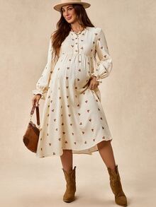 Boho Mama Maternity Textured Heart Print Button Half-Placket Dress - Apricot - View 7
