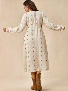 Boho Mama Maternity Textured Heart Print Button Half-Placket Dress - Apricot - View 5