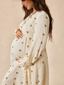 Boho Mama Maternity Textured Heart Print Button Half-Placket Dress - Apricot - View 9