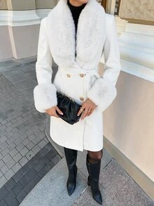 Lavishia Women's Casual Solid Color Fur Collar Double-Breasted Overcoat, Autumn/Winter - White - View 3