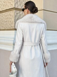 Lavishia Women's Casual Solid Color Fur Collar Double-Breasted Overcoat, Autumn/Winter - White - View 5