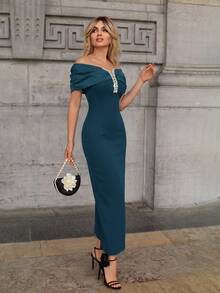 Elenary Edit Women's Rhinestone Decor Ruched Off Shoulder Fitted Elegant Dress - Lake Blue - View 4