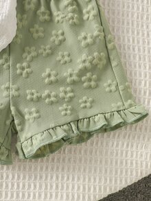 SHEIN 女嬰可愛提花上衣短褲套裝 春夏白色與綠色度假派對 2歲生日家庭淺灰色牛仔女孩造型 - 彩色 - 查看 7