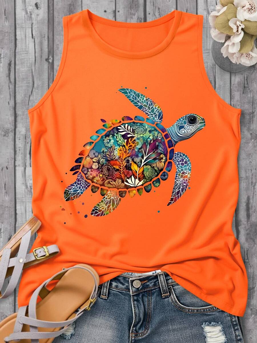 EMERY ROSE Camiseta de tirantes con estampado de tortuga, talla grande, estilo casual de verano - Naranja - Ver 1