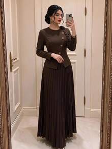 Feyla Plus Size Women's Metal Single-Breasted Long Sleeve Shirt And Pleated Skirt Elegant Two Pieces Set Office Dinner Formal Brown Fall - Coffee Brown - View 1