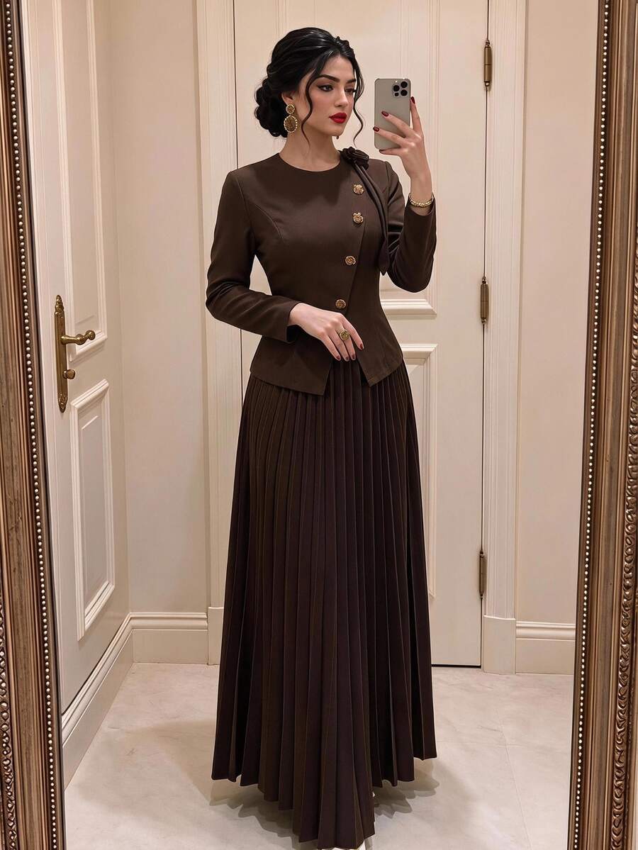Feyla Plus Size Women's Metal Single-Breasted Long Sleeve Shirt And Pleated Skirt Elegant Two Pieces Set Office Dinner Formal Brown Fall - Coffee Brown - View 1
