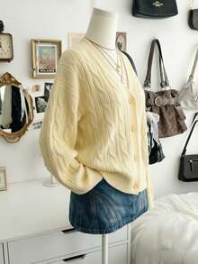SuriyaCove Women's Solid Color Single-Breasted Casual Versatile Daily Wear Cardigan - Yellow - View 5