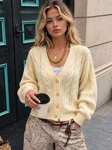 SuriyaCove Women's Solid Color Single-Breasted Casual Versatile Daily Wear Cardigan - Yellow - View 1