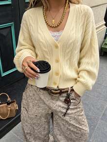 SuriyaCove Women's Solid Color Single-Breasted Casual Versatile Daily Wear Cardigan - Yellow - View 6