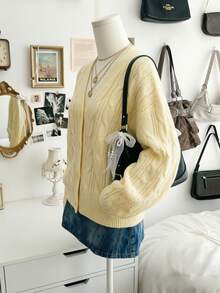 SuriyaCove Women's Solid Color Single-Breasted Casual Versatile Daily Wear Cardigan - Yellow - View 4