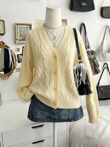 SuriyaCove Women's Solid Color Single-Breasted Casual Versatile Daily Wear Cardigan - Yellow - View 3
