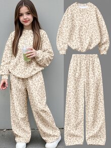 SHEIN 青少年女孩 2 件組豹紋圓領衛衣與寬腿褲套裝，舒適休閒，秋冬穿搭 - 彩色 - 查看 1