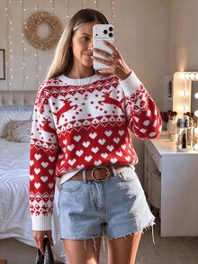 SHEIN LUNE Women's All-Over Print Casual Versatile Daily Long Sleeve Sweater Christmas Pullover Santa Ungly Knitwear Snowflake Winter Festival Clothes For Party - Red - View 10