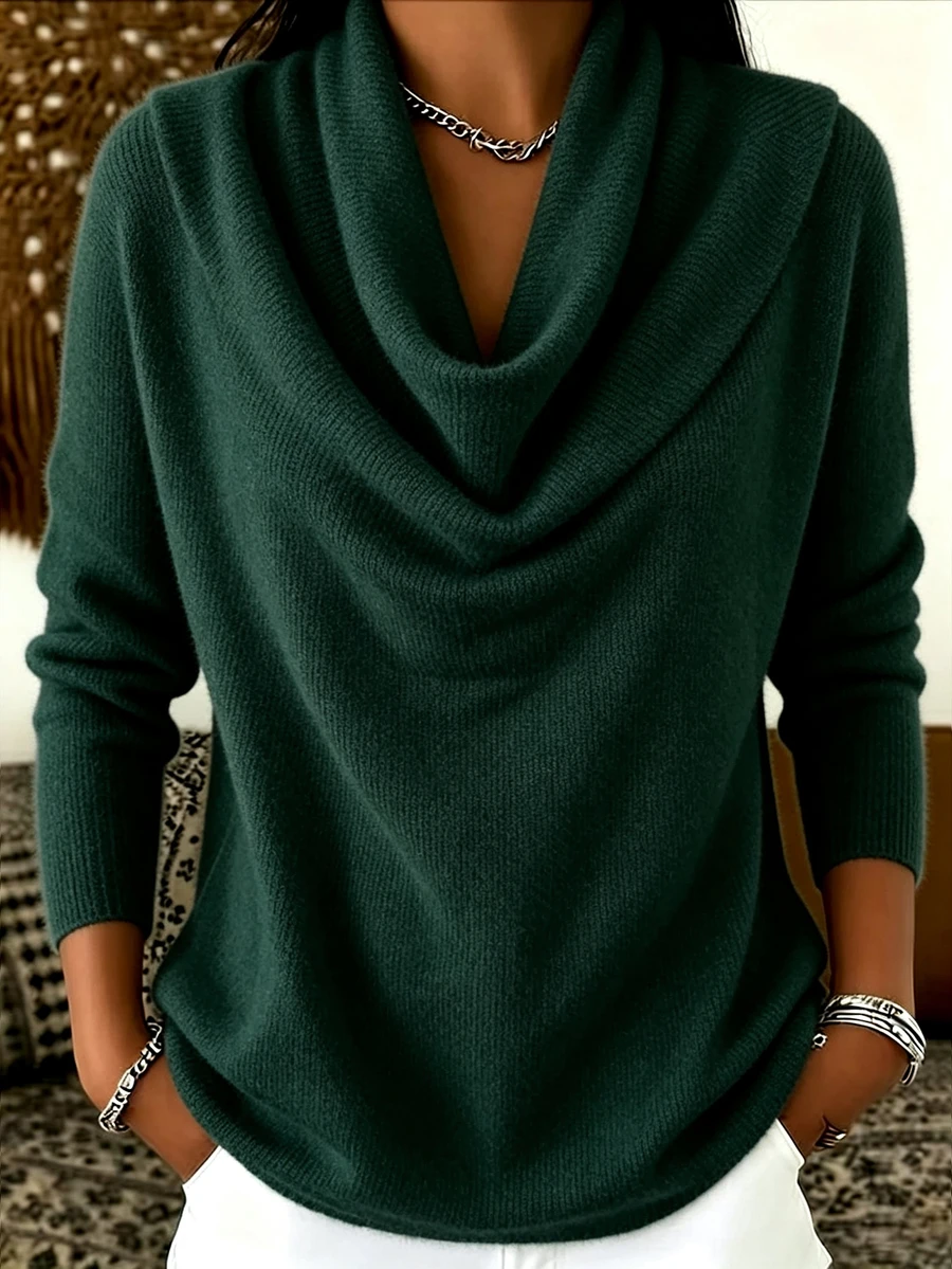Trelyra Women's Solid Color Cowl Neck Long Sleeve Casual Top - Dark Green - View 1