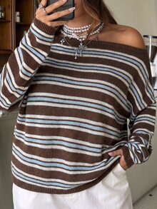 Muchica Fall Casual Retro 70s Brown Striped Dropped Shoulder Loose Sweater Diagonal Shoulder For Warmth And Comfort For Women Night Holiday Homewear Vacation - Multicolor - View 4