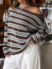 Muchica Fall Casual Retro 70s Brown Striped Dropped Shoulder Loose Sweater Diagonal Shoulder For Warmth And Comfort For Women Night Holiday Homewear Vacation - Multicolor - View 2