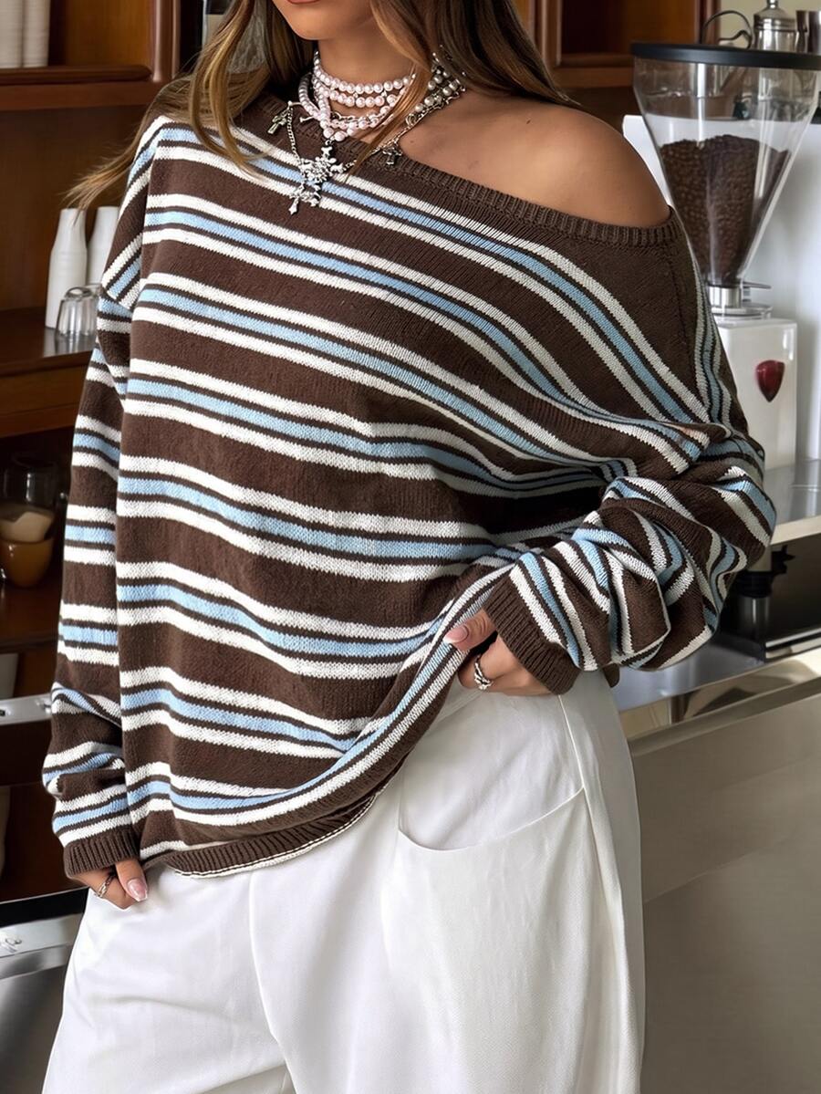 Muchica Fall Casual Retro 70s Brown Striped Dropped Shoulder Loose Sweater Diagonal Shoulder For Warmth And Comfort For Women Night Holiday Homewear Vacation