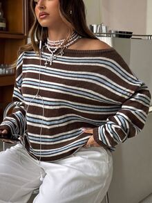 Muchica Fall Casual Retro 70s Brown Striped Dropped Shoulder Loose Sweater Diagonal Shoulder For Warmth And Comfort For Women Night Holiday Homewear Vacation - Multicolor - View 8