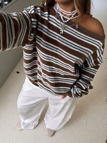 Muchica Fall Casual Retro 70s Brown Striped Dropped Shoulder Loose Sweater Diagonal Shoulder For Warmth And Comfort For Women Night Holiday Homewear Vacation - Multicolor - View 5