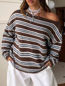 Muchica Fall Casual Retro 70s Brown Striped Dropped Shoulder Loose Sweater Diagonal Shoulder For Warmth And Comfort For Women Night Holiday Homewear Vacation - Multicolor - View 7