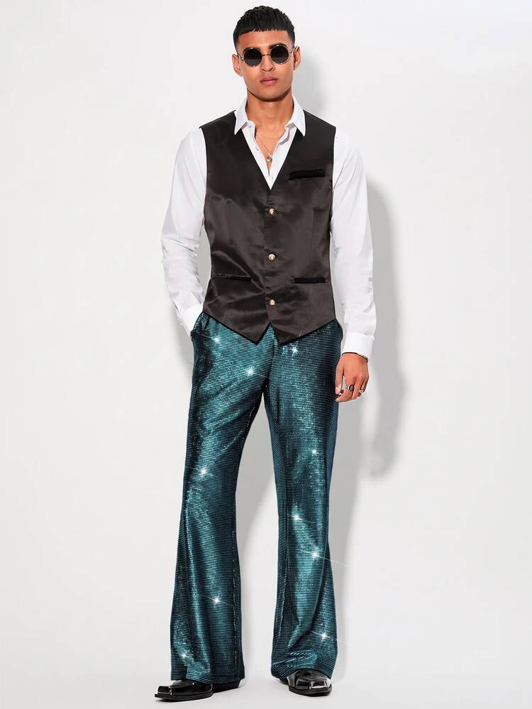 Manfinity RebelGame Men's Casual Knitted Long Pants With Pocket And Gold Foil Print Halloween Christmas Winter Party Autumn  - Teal Blue - View 3