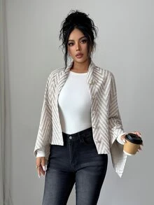 Selianne Autumn/Winter Shawl Collar Open Front Khaki Herringbone Asymmetrical Hem Multi-Wear Elegant Commuter Women's Jacket - Apricot - View 5