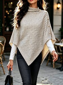 Selianne Autumn/Winter Shawl Collar Open Front Khaki Herringbone Asymmetrical Hem Multi-Wear Elegant Commuter Women's Jacket - Apricot - View 1