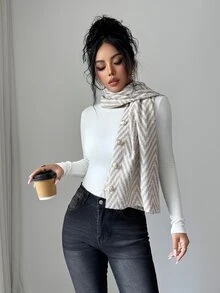 Selianne Autumn/Winter Shawl Collar Open Front Khaki Herringbone Asymmetrical Hem Multi-Wear Elegant Commuter Women's Jacket - Apricot - View 6