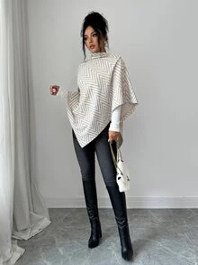 Selianne Autumn/Winter Shawl Collar Open Front Khaki Herringbone Asymmetrical Hem Multi-Wear Elegant Commuter Women's Jacket - Apricot - View 8