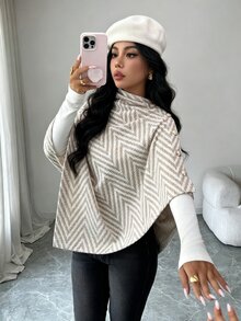 Selianne Autumn/Winter Shawl Collar Open Front Khaki Herringbone Asymmetrical Hem Multi-Wear Elegant Commuter Women's Jacket - Apricot - View 4