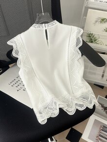 Franclia 女士优雅法式蕾丝拼接立领无袖刺绣休闲百搭衬衫，春夏款 - 白色 - 查看 3
