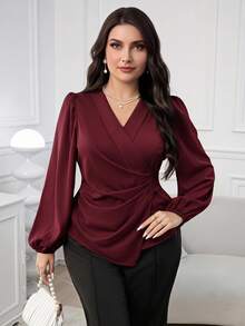 Modelyn Plus Size Women Casual Elegant Lantern Sleeve Cinched Waist Blouse For Autumn Fall - Burgundy - View 1