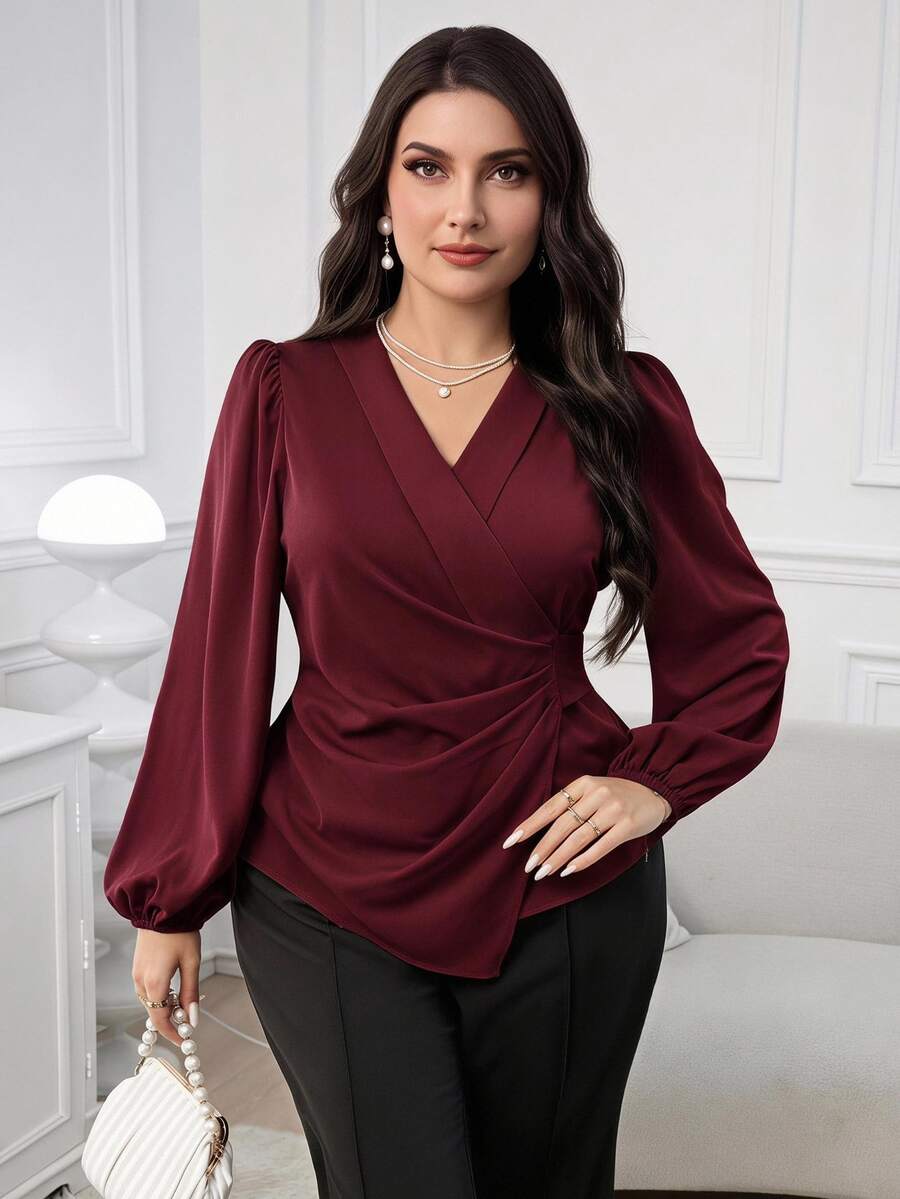 Modelyn Plus Size Women Casual Elegant Lantern Sleeve Cinched Waist Blouse For Autumn Fall - Burgundy - View 1