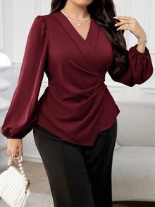 Modelyn Plus Size Women Casual Elegant Lantern Sleeve Cinched Waist Blouse For Autumn Fall - Burgundy - View 7