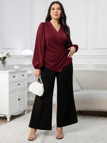 Modelyn Plus Size Women Casual Elegant Lantern Sleeve Cinched Waist Blouse For Autumn Fall - Burgundy - View 6