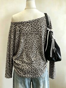 Lalippa Women's Leopard Print Distressed Design Asymmetric Neck Casual Grunge Street Everyday Top Grey Leopard Print Fall - Multicolor - View 2