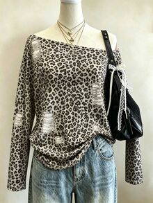 Lalippa Women's Leopard Print Distressed Design Asymmetric Neck Casual Grunge Street Everyday Top Grey Leopard Print Fall - Multicolor - View 3