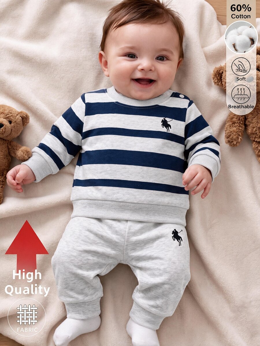 SHEIN 2pcs Newborn Cotton Blend Striped Knit Outfit Set, Long Sleeve Top & Jogger Pants, Baby Fall Clothes Winter Casual Set Light Grey